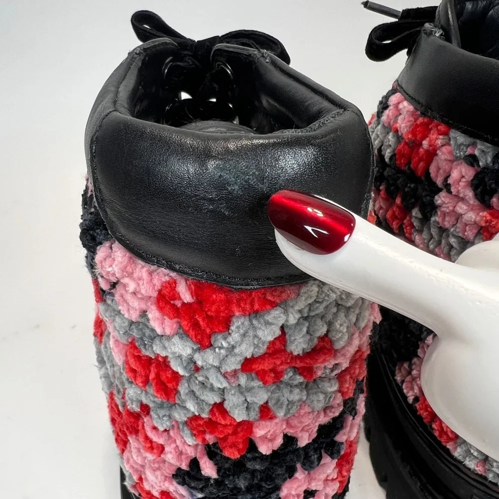 Krojay Onyx Crochet Combat Boots, Black Leather Red Pink High Top Size 10